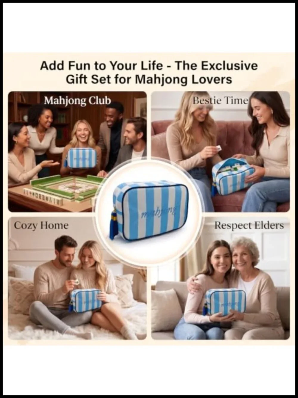 Mahjong Tile Bag - 166 Tile Storage Canvas Zipper Pouch for Board Game
